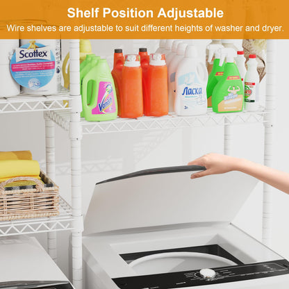 ULIFHOME U15 Over Washer and Dryer Storage Shelves, Laundry Above Washer Dryer Storage Rack Space Saver, 6-Tier Wire Shelf with 4 Hooks for Organization, 63.4"W x 17.3"D x 76.4"H, Holds 568lbs, White