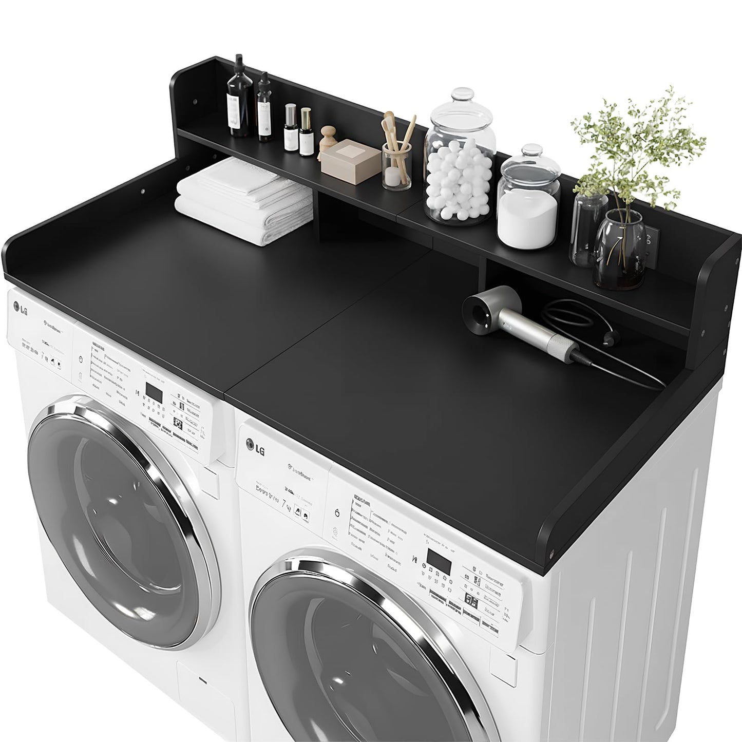 HMAZAE Washer Dryer Countertop with Shelf, 2-Tier Laundry Countertop Over Washer and Dryer, 54" x 27.55" Wooden Table for Folding Clothes for Laundry Room Organization and Storage (Black)