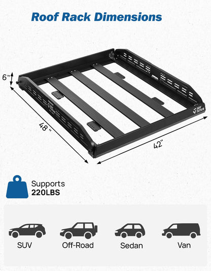 JOYTUTUS Anti-Rust Aluminum Roof Basket 48" X 42" X 6",Collapsible Design,Lightweight Roof Rack Carrier Basket Universal Rooftop,220LBS Load Capacity,for SUV, Truck, Car