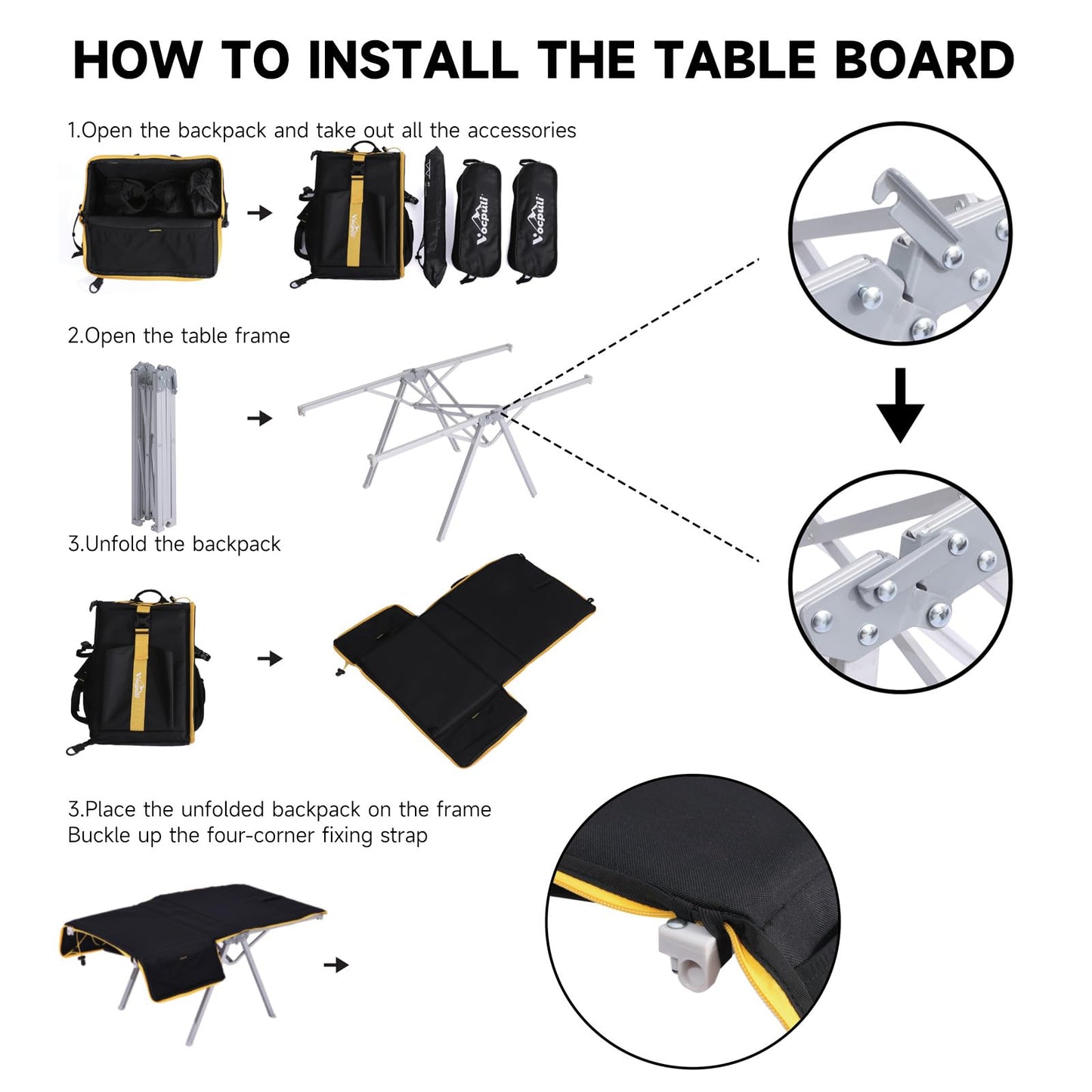 Vocpuli Camping Backpack - Aviation Aluminum Table Frame + 2 Folding Camping Chairs,+ Convertible Backpack Tabletop, Quick Setup&Portable,Camping Gear,Gifts for Camping, Picnic, Beach (Black)