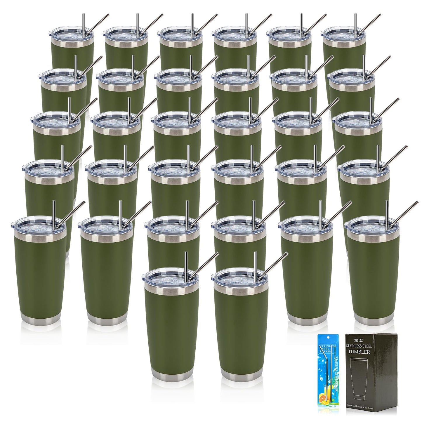 IEOVIEE 32 Pack, 20oz Stainless Steel Bulk Tumblers with Lids and Straws, Double Wall Insulated Travel Coffee Mug, Durable Powder Coated Tumbler Bulk Cup for Cold and Hot Drinks(Army Green)