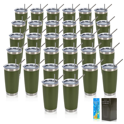 IEOVIEE 32 Pack, 20oz Stainless Steel Bulk Tumblers with Lids and Straws, Double Wall Insulated Travel Coffee Mug, Durable Powder Coated Tumbler Bulk Cup for Cold and Hot Drinks(Army Green)