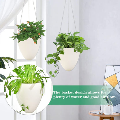 Sungmor 3 Pack Self Watering Hanging Planters, Unique Eggshell Shape Indoor Outdoor Hanging Pots for Plants, Modern White Plastic Flower Pots Home Decor Hanging Basket