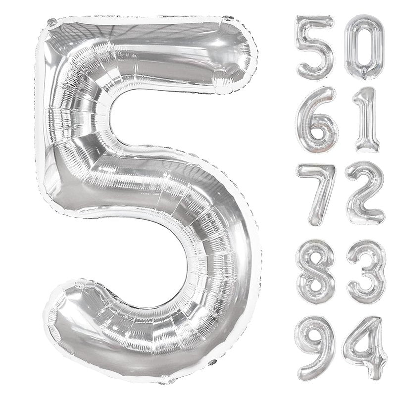 Silver 5 Balloon, Number Balloons 40 Inch, 5th Birthday Balloon Decorations, Silver Party Supplies, 5 Number Balloons, Number 5 Balloon