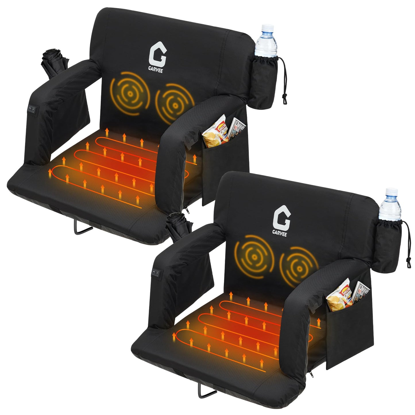 Massage & Heated Stadium Seats with Back Support and Padded Cushion - 3 Level Heating & Massage Extra Wide Bleacher Chair with Anti-Slip Mat - Football Seats, 6 Adjustable Angle, Pockets, Cup Holder