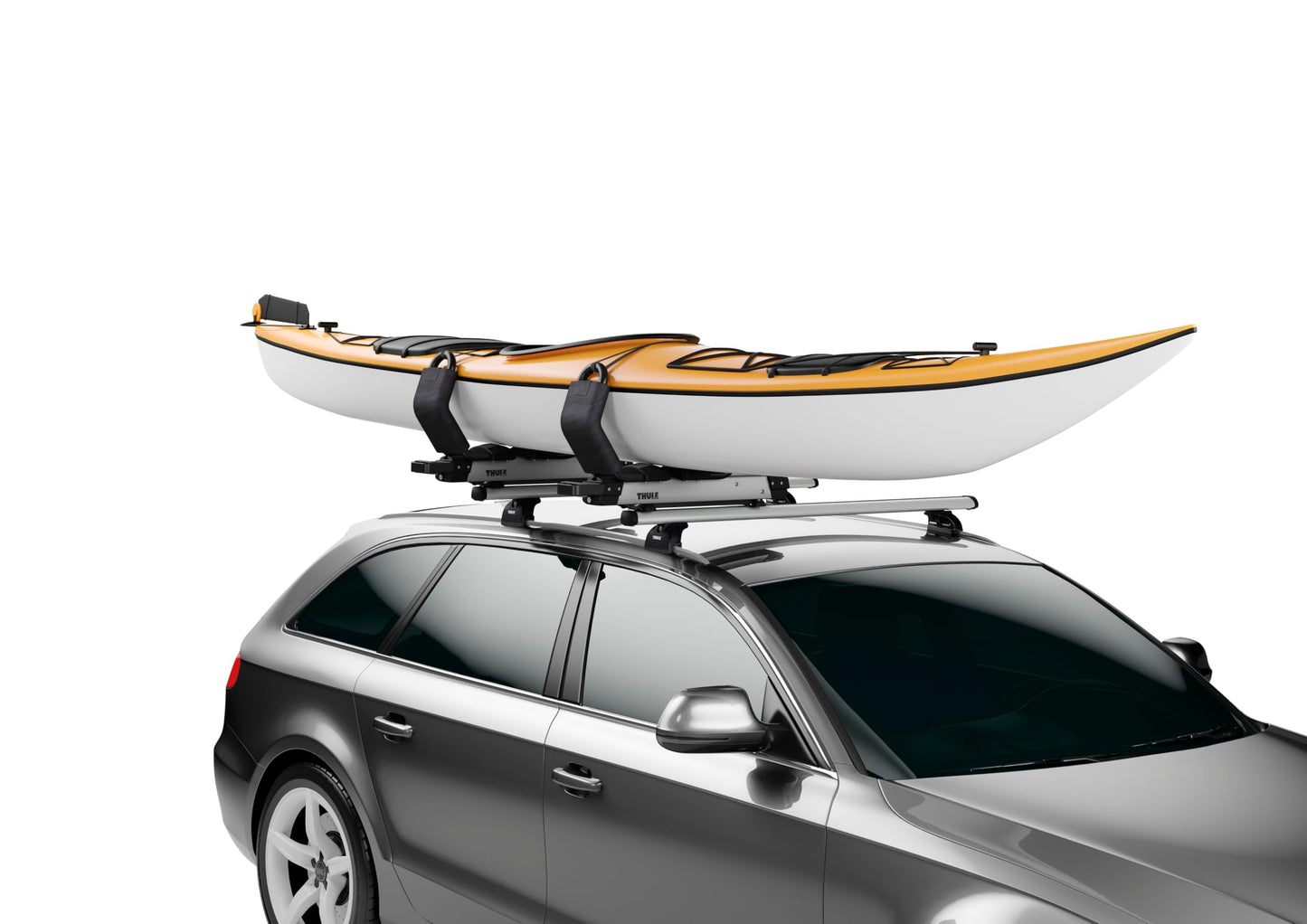 Thule Hullavator Pro kayak roof rack mount NEW - Lift-assisted kayak rack - 40 lbs of weight assistance - Waist high watercraft carrier - Corrosion-resistant cradles - Bow and stern tie-downs included