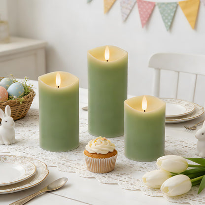 Velsyn Green Flameless Candles with Remote and Timer, Real Wax Made LED Pillar Candles Battery Operated with 3D Flickering Flame Melted Edge, 3" x 4",5",6", Set of 3 (Pastel Green)