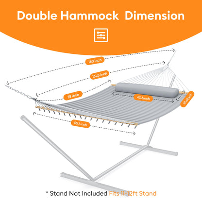 Everyfun Double Hammock with Spreader Bar & Pillow, Portable 500lbs Capacity for Outdoor, Camping, Patio, Backyard Relaxation,Gray