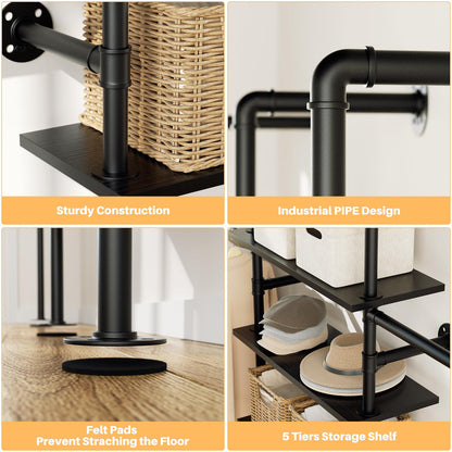 Aheaplus Industrial Pipe Clothing Rack, Reversible 6.42FT Clothes Rack for Hanging Clothes, Heavy Duty 5-Tier Closet Wardrobe Garment Racks with Shelves, Corner Closet Organizer System, Black