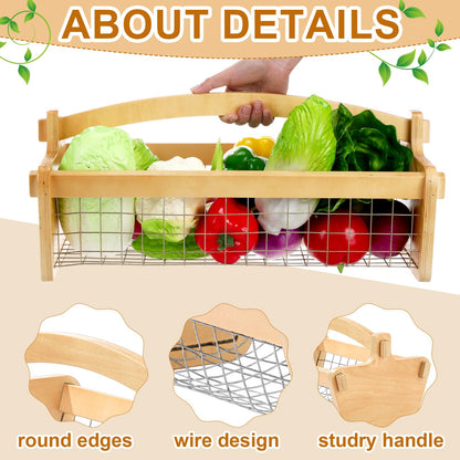 Teenyyou Large Garden Hod Harvest Basket 19 x 11 x 6 Inch, Wooden Gathering Basket with Handle Wire Mesh for Gardening Christmas Gardener Gifts Outdoor Picking Washing Holding Fruits Vegetables
