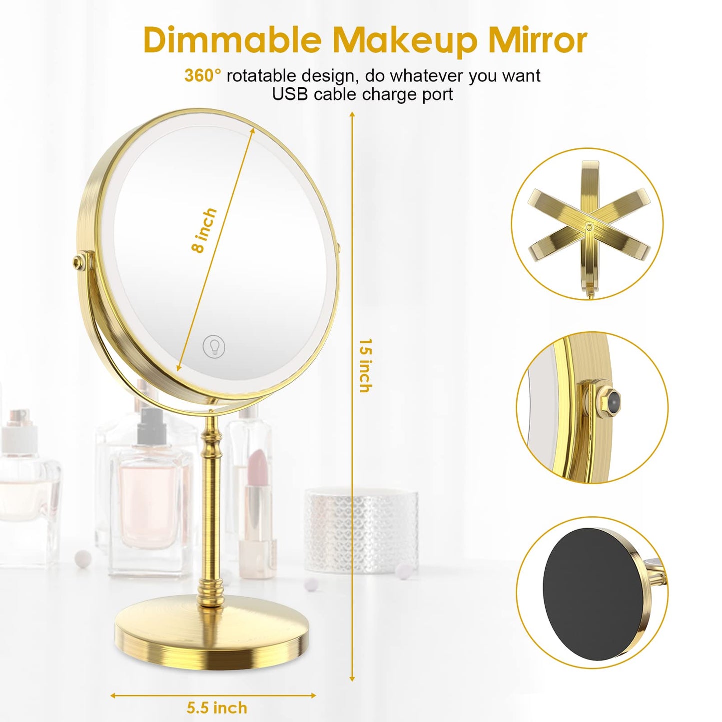Lighted Makeup Mirror, 3000 mAh Rechargeable Double Sided Magnifying Vanity Mirror with 3 Colors, 1x/10x, 360° Rotation , Brightness Adjustable Magnification Cosmetic Light up Mirror, Women Gift