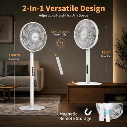 Floor Fan,Pedestal Fan,Ultra Slim 2-in-1 Desk Fan, USB C Powered Charge,Compatible with Power Bank,Stand Fan with Remote,Adjustable Portable Fan for Bedroom, Office, RV, Camping,Indoor/Outdoor (WHITE)