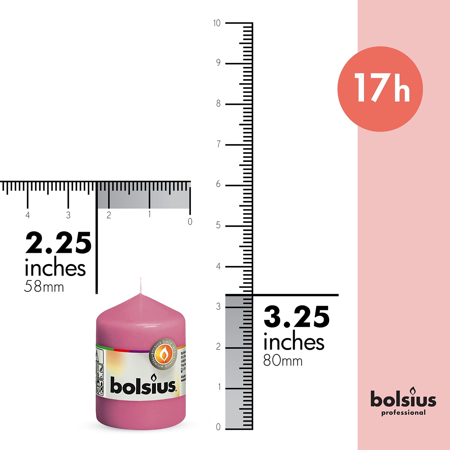 BOLSIUS 10 Pink Pillar Candles - 2.25 x 3.25 Inches - Premium European Quality - Individually Wrapped - 17 Hour Burn Time - Dripless Smokeless Unscented Dinner, Wedding, Party, & Restaurant Candles