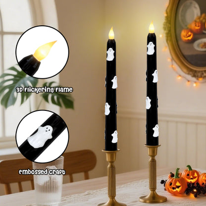 Halloween Ghost Flameless Taper Candles with Remote & Timer, Real Wax Black LED Taper Candles for Home Haunted House Halloween Party Decorations, Set of 2