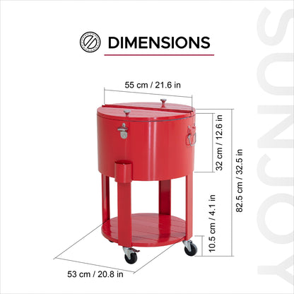 SUNJOY 60 Quart Rooling Ice Chest Cooler Cart, Portable Patio Party Bar Drink Cooler Cart, Beverage Bar with Bottle Opener and Shelf, Red
