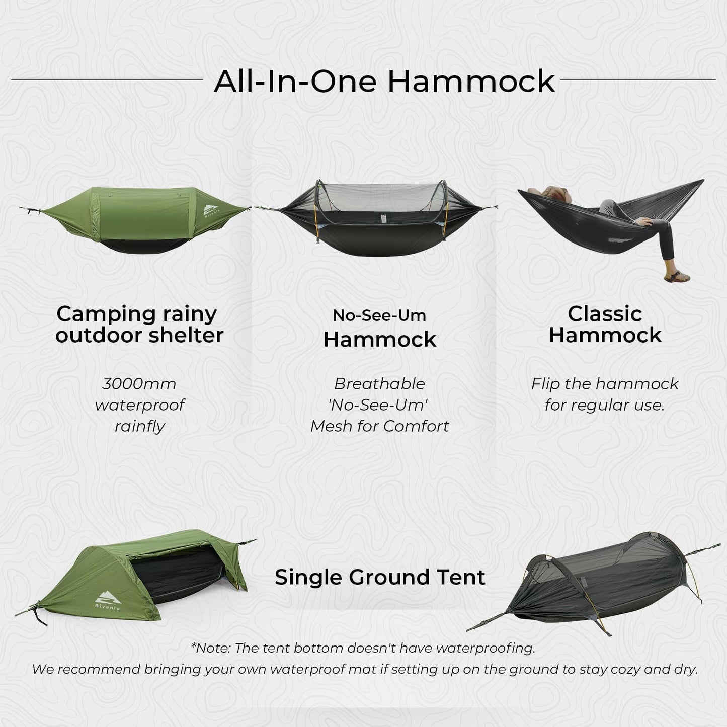 Rivenlo Camping Hammock Tent with Mosquito Net & RainFly, 3 in 1 Waterproof Portable Sleeping Hammock Bug Backpacker Lightweight Outdoor Gear Swing for Hiking Travel Patio Expedition(Dark Green)