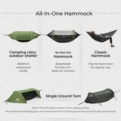 Rivenlo Camping Hammock Tent with Mosquito Net & RainFly, 3 in 1 Waterproof Portable Sleeping Hammock Bug Backpacker Lightweight Outdoor Gear Swing for Hiking Travel Patio Expedition(Dark Green)