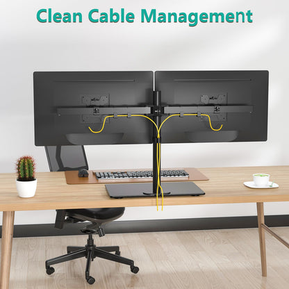 WALI Free Standing Dual Monitor Stand, Height Adjustable Monitor Mount with Glass Base, Fits LCD LED Flat Curved Screen up to 27 inch, 22lbs, with Grommet Base (GMF002)