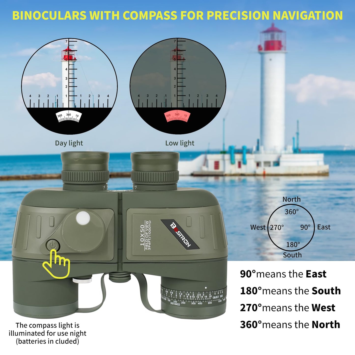 BOSTRON Marine Binoculars 10x50 with Compass and Rangefinder, Waterproof Fogproof Binoculars for Adults, Boating, Sailing, Fishing, Hunting and Outdoor Navigation