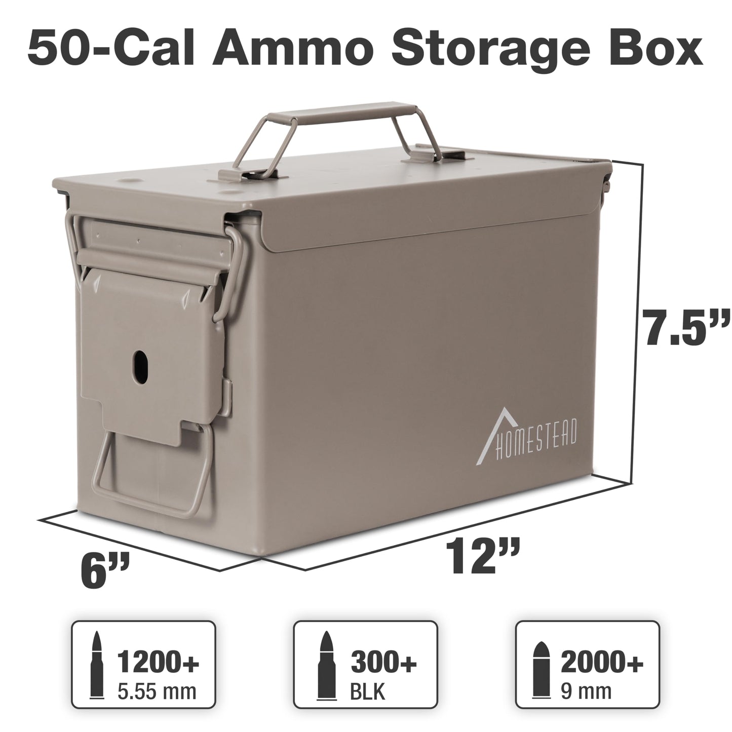 HOMESTEAD 50 Cal Metal Ammo Can – 6-Pack M2A1 Military Grade Ammo Storage Box, Airtight & Water-Resistant Ammo Containers for Long-Term Storage, Desert Tan Color