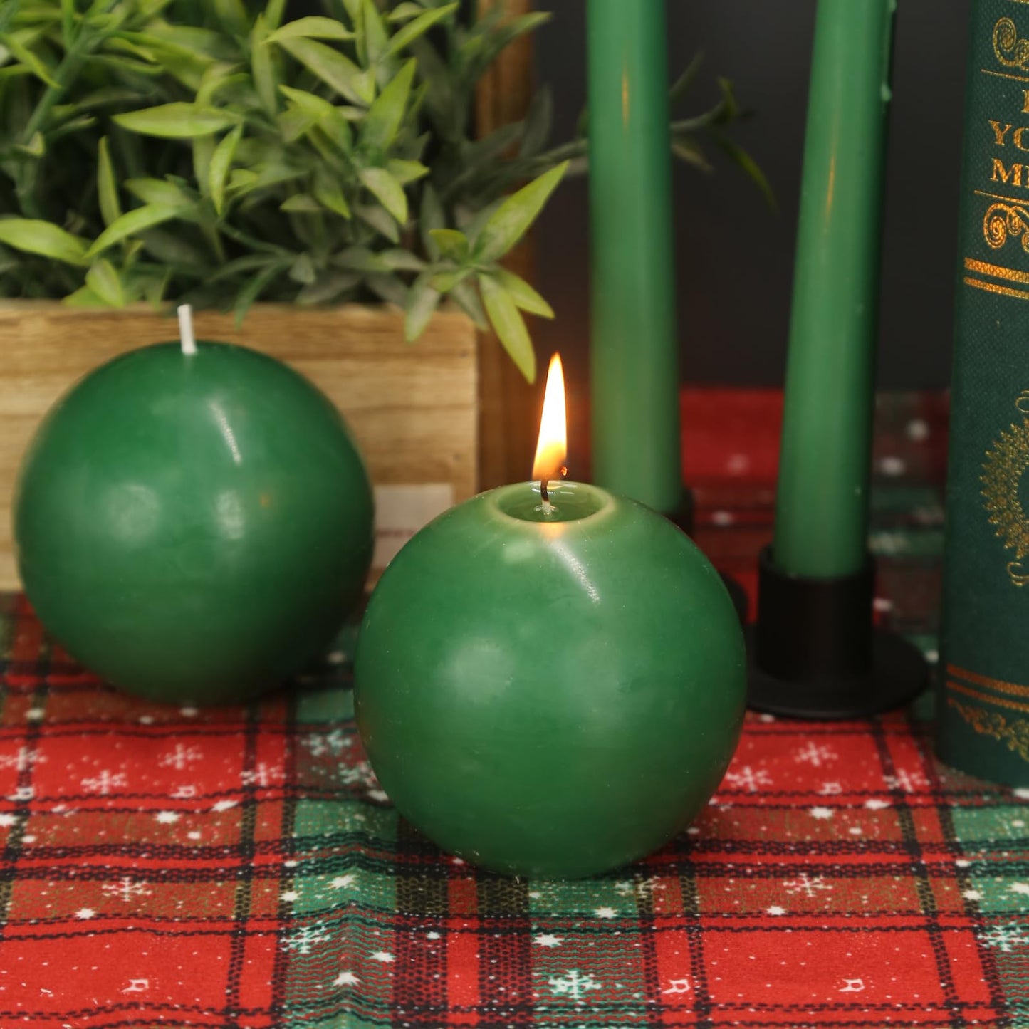 Ball Pillar Candles Set of 3 Green 3 Inch Unscented Handpoured Weddings, Home Decoration, 75 Hour