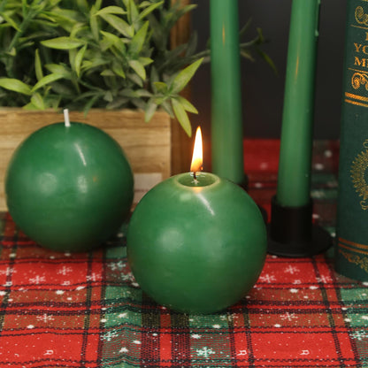 Ball Pillar Candles Set of 3 Green 3 Inch Unscented Handpoured Weddings, Home Decoration, 75 Hour