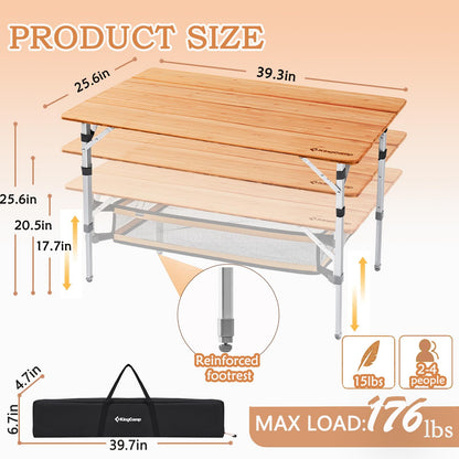 KingCamp Bamboo Folding Table Camping Table with Large Storage Bag Adjustable Height Aluminum Legs Heavy Duty 176 lbs 4-Fold Portable Camp Tables for Travel, Picnic, RV, 4-5 People