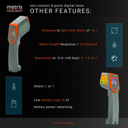 Metris Instruments Digital Infrared Thermometer Gun Laser Temperature Gauge for Cooking, Grill, Pizza Oven, HVAC Tools, 8-Point, 76o to 932o F [-60o to 500o C] 12:1 D:S Ratio, Model TN418L1