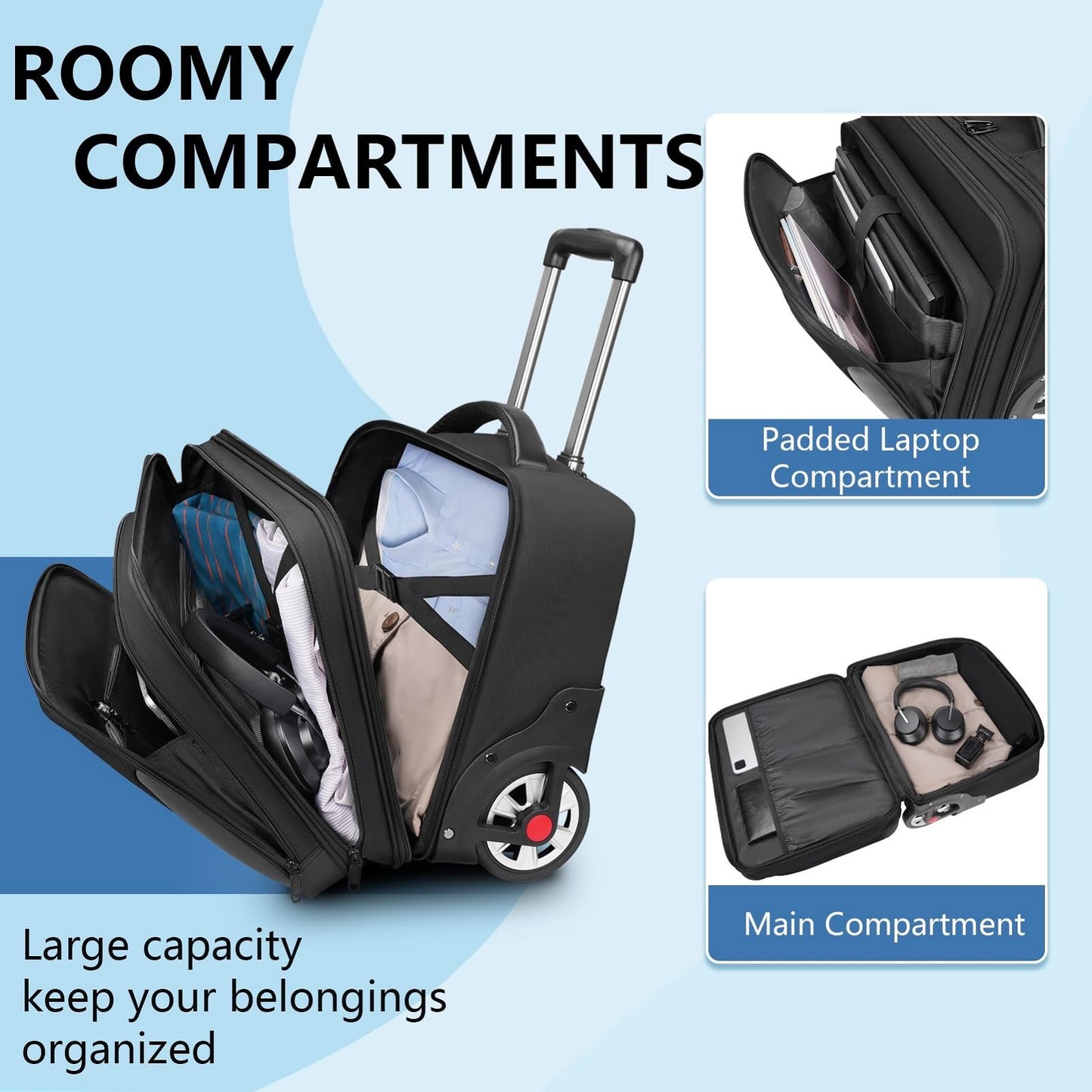 MATEIN Rolling Briefcase for Men, Large Rolling Laptop Bag with Big Wheels Fits 17.3 Inch Notebook for Travel Office Work, Water Resistant Roller Computer Case College Teacher Luggage Suitcase, Black