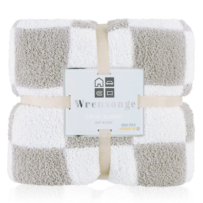WRENSONGE Checkered Throw Blanket, Light Grey Soft Cozy Fluffy Warm Hand Made Throw Blankets for Couch, Sofa, Chair, Bed, Camping, Picnic, Travel Lightweight Bed Blanket - 50"*70"