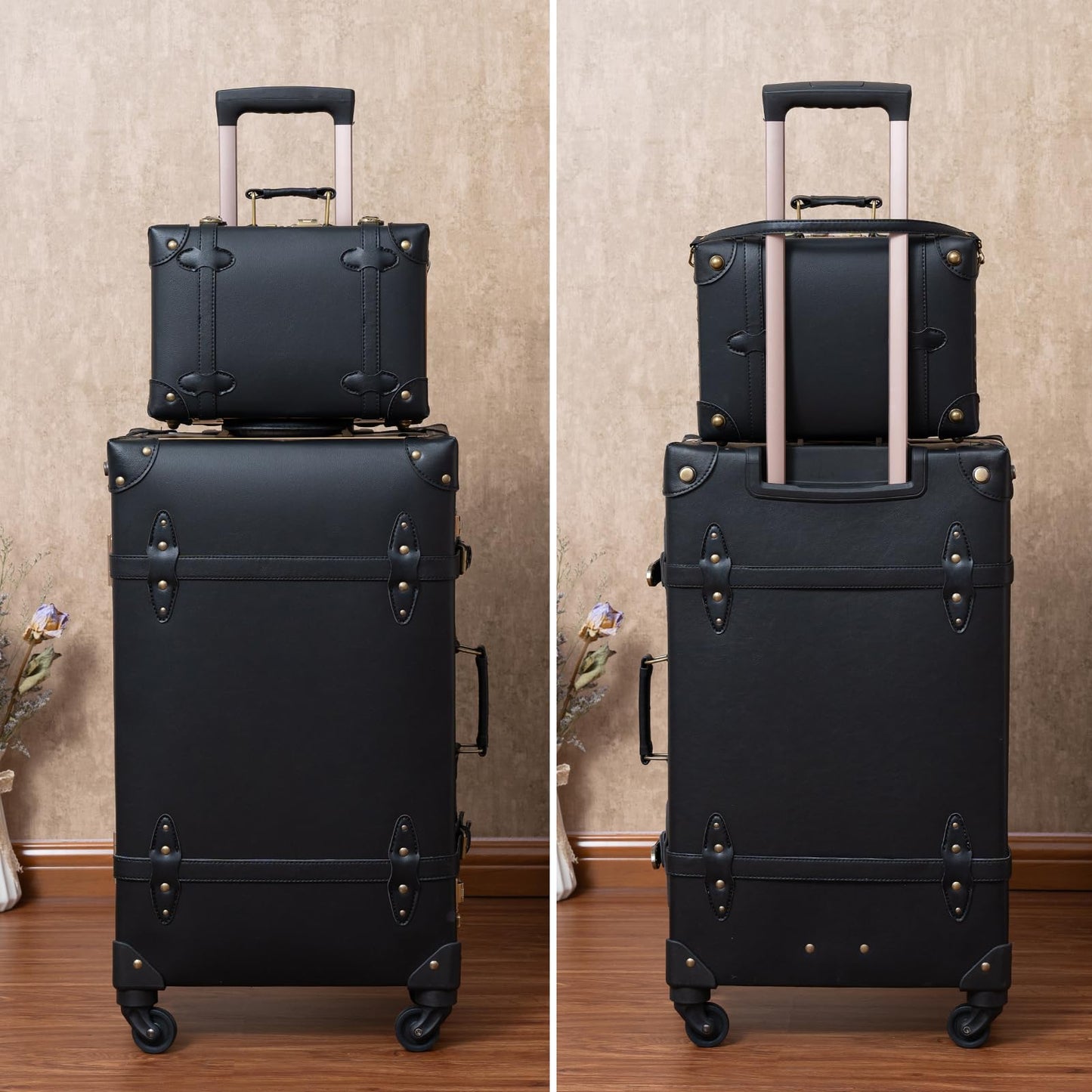 urecity Designer Vintage Trunk Combination Luggage Sets of 2 Piece, Hard Shell Retro Travel Suitcase with Wheels (Black, 20"+12")