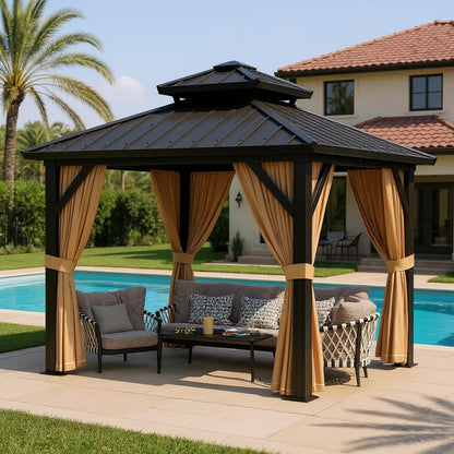 GarveeLife 10x10 ft Double Roof Hardtop Gazebo, Heavy Duty Galvanised Steel Hardtop Pavilion with Nettings and Curtains, Metal Roof Gazebo for Patio, Terrace, Lawn and Deck, Brown