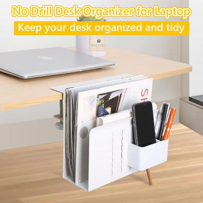 Desk Side Storage Under Desk Laptop Holder, No Drill Hanging Desk Organizer with Pen Holder, Clamp-On Table Side Tray Desktop Organization Mount for Office and Home (White)