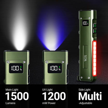 EDC Flat Flashlight, 1500 Lumens Rechargeable Pocket Flash Light with Magnetic Base, White LED, UV light, USB-C Charging for Camping, Emergency, Everyday Carry, Outdoor Working & Hiking(Field Green)