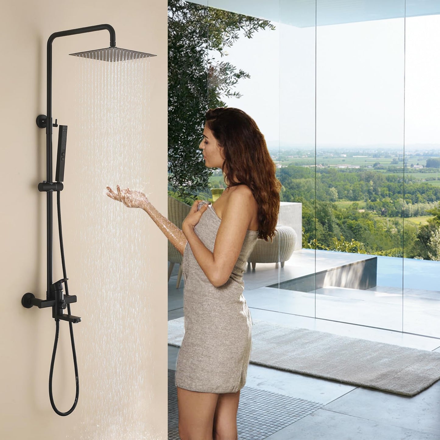 HANJAI Exposed Shower System 10" Matte Black Rainfall Shower Head with 2 Modes Handheld and Tub Faucet Set, Square Shower Head 3 Functions Outdoor Shower Fixtures with Brass Valve, Height Adjustable