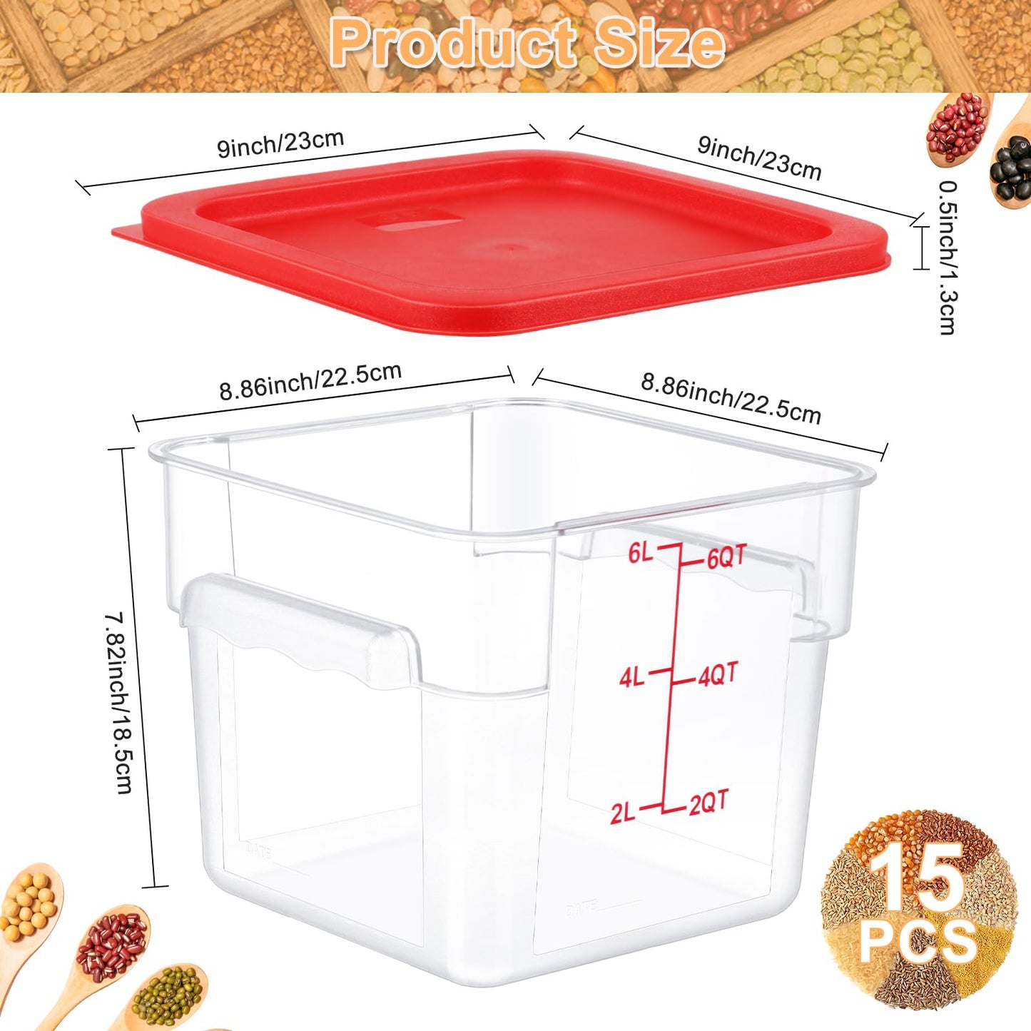 Ziliny 15 Sets 6 Qt Square Food Storage Containers with Lids Commercial Polycarbonate Containers Dough Proofing with Scale Clear Airtight Cereal for Pantry Home Restaurant