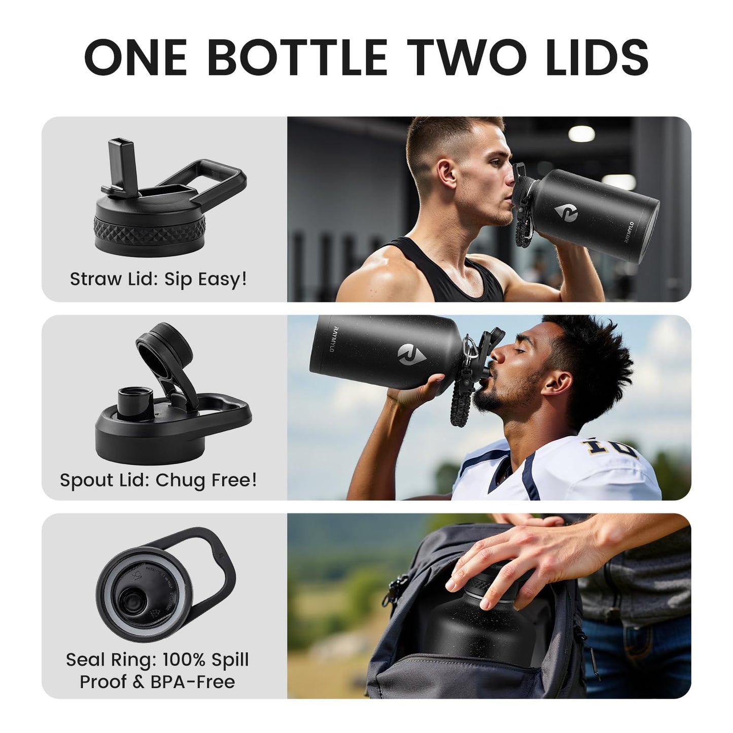 RAYMYLO One Gallon Water Bottle Insulated (Magic Black) + 128oz Insulated Water Bottle (Black Speckled)