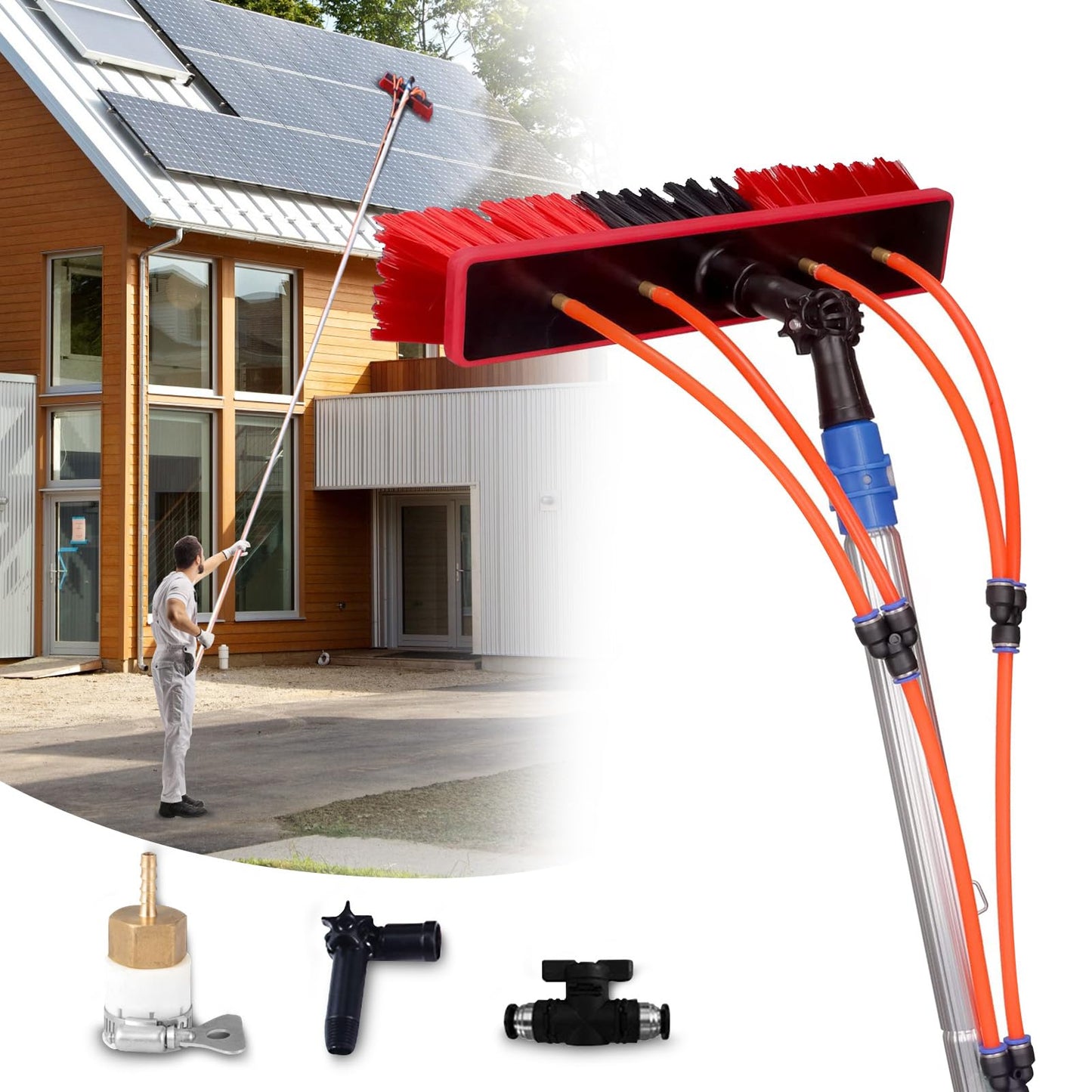 Water Fed Pole Kit Adjustable Solar Panel Cleaning Kit Cleaner Tool for Window Glass Roof Outdoor Glass Brush Window Washing Equipment (30FT)