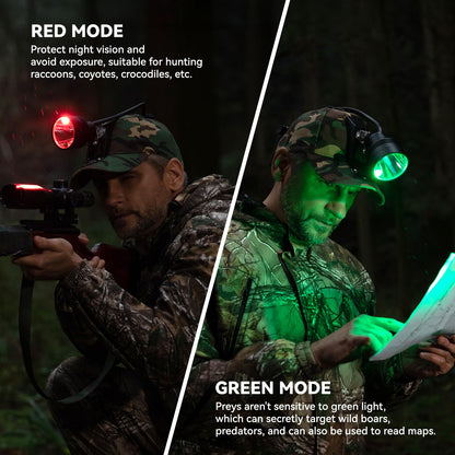 GearOZ 10W LED Coyote Hog Coon Hunting Lights, Rechargeable Hunter Headlamp, Waterproof 60000LUX Super Bright LED Predator Hunter Head Light & 3 Colors (White Red Green), 7 Position Switch