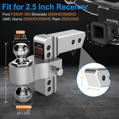 Drop Hitch 2.5 Inch Receiver, Vullteeon 6 Inch Adjustable Trailer Hitch Ball Mount, 18,500 LBS GTW, (2" & 2-5/16") Chrome Plated Steel Balls, Class 5 Aluminum Tow Hitches with 2 Anti-Theft Pins Locks