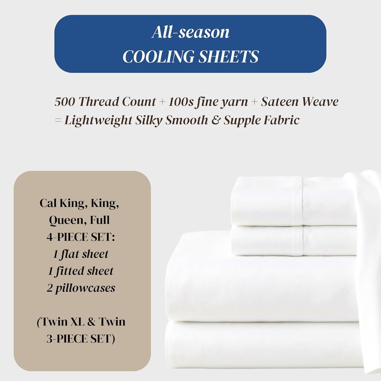 Beckham Hotel Collection Queen Sheets Set - 100% Cotton Sateen, Silky Smooth & Soft, 16” Deep Pocket | White