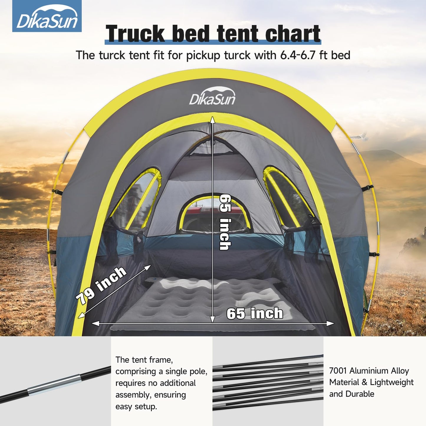 Truck Bed Tent, Double Layer Truck Tent 6.4-6.7 Ft, Waterproof PU3000mm Tear-Resistant Pickup Tent for 2 Person Camping and Outdoor with Awning（Cyan）