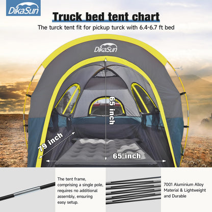 Truck Bed Tent, Double Layer Truck Tent 6.4-6.7 Ft, Waterproof PU3000mm Tear-Resistant Pickup Tent for 2 Person Camping and Outdoor with Awning（Cyan）