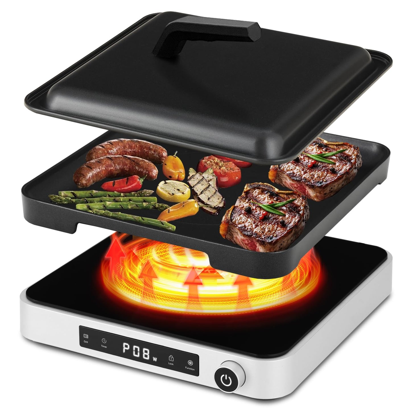 Cooktron 2-in-1 Induction Cooktop with Grill Pan – Portable 1 Burner Induction Hot Plate 1800W, Removable Griddle, 10 Power & 5 Temp Levels, Touch & Knob Control for Kitchen or RV Camping