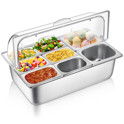 Ziliny Countertop Food Serving Display Container and Clear Roll Top Cover Stainless Steel Food Serving Tray Buffet Condiment Dispenser Display Rack for Restaurant Hotel Kitchen Party (8 Pan)