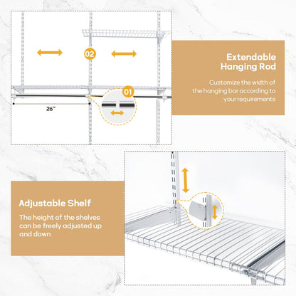 Homde Closet Organizer System Wall Mounted, 4-8 Ft. Adjustable and Expandable Metal Wire Shelving, Custom DIY Wardrobe Kit with Shelf, Clothes Hanging Rods, for Home Closet Laundry Mudroom