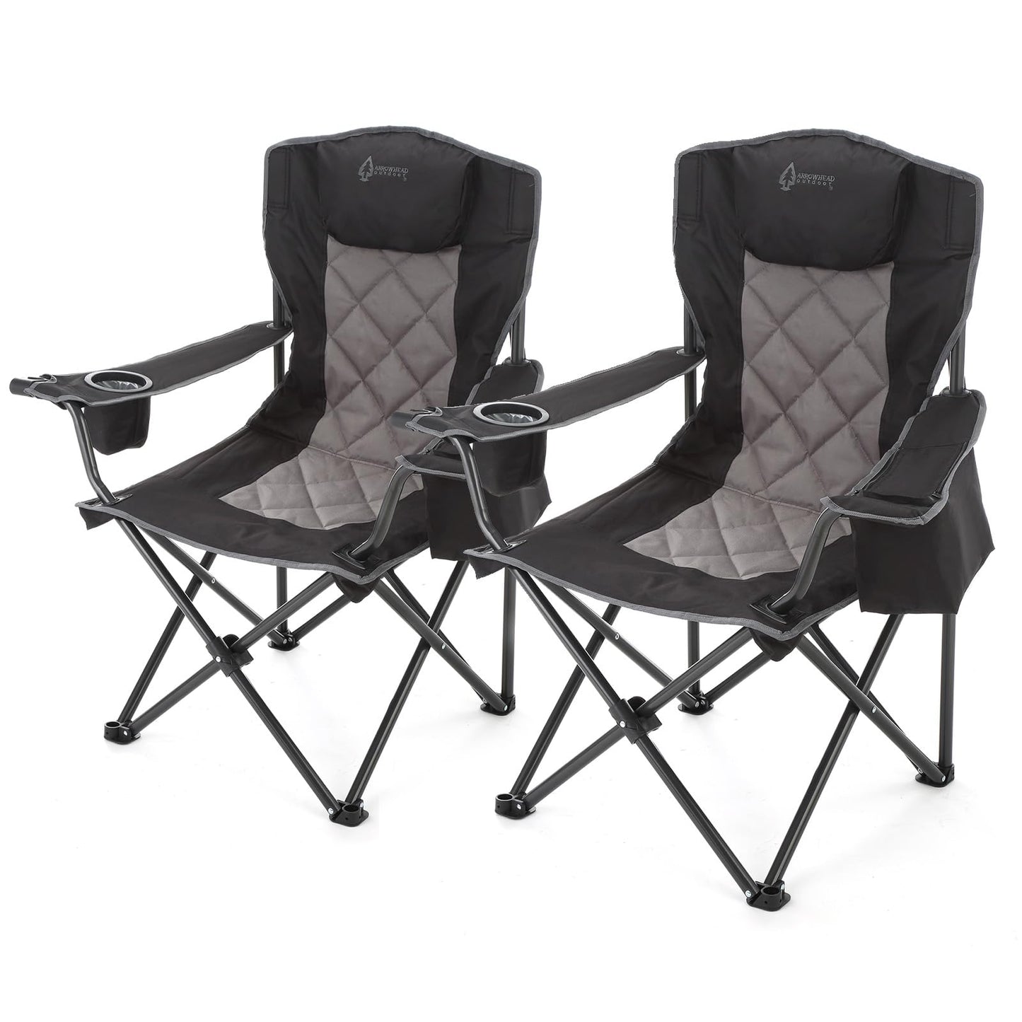 ARROWHEAD OUTDOOR 2-Pack Portable Deluxe Folding Camp Quad Chair w/Headrest, Glass & Cup Holders, Armest 6-can Cooler, Heavy Duty Carry Bag, 550 lbs Weight Capacity