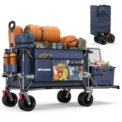 Aimnny 55" Collapsible Wagon with Tailgate & Brakes - 500LBS Heavy Duty Multi-Terrain Cart, 300L Foldable Utility Wagon with Cup Holders & Side Pockets for Beach Sand Camping Sports Shopping (Blue)