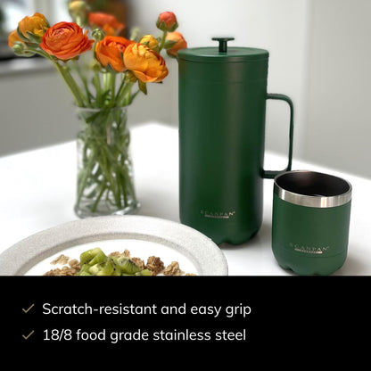Scanpan TO GO French Press Coffee Maker 1.0L (Forest Green) + 2 Vacuum Cups 350 mL (Forest Green) - 18/8 Food Grade Stainless Steel - Scratch-Free Coating - Dishwasher Safe