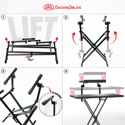 AxcessAbles Portable Two-Tier DJ Table Stand| Two Tier Piano Keyboard Stand for Sheet Music and Tablet | DJ Laptop and Controller Stand | Music Production Workstation | Booth Stand
